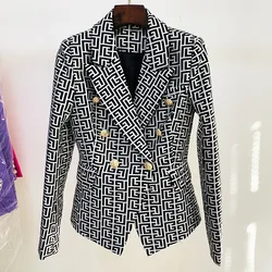 HarleyFashion Spring Fall Women Pattern Classic Blazer Long Sleeve Buttons Texture Slim Jacket