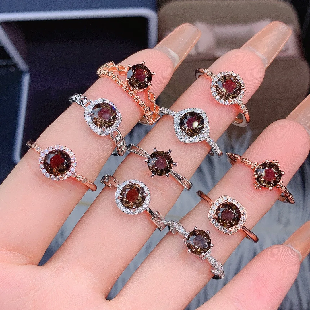 

Round 6mm Natural Smoky Quartz Ring 925 Sterling Silver Engagement Wedding Rings For Women