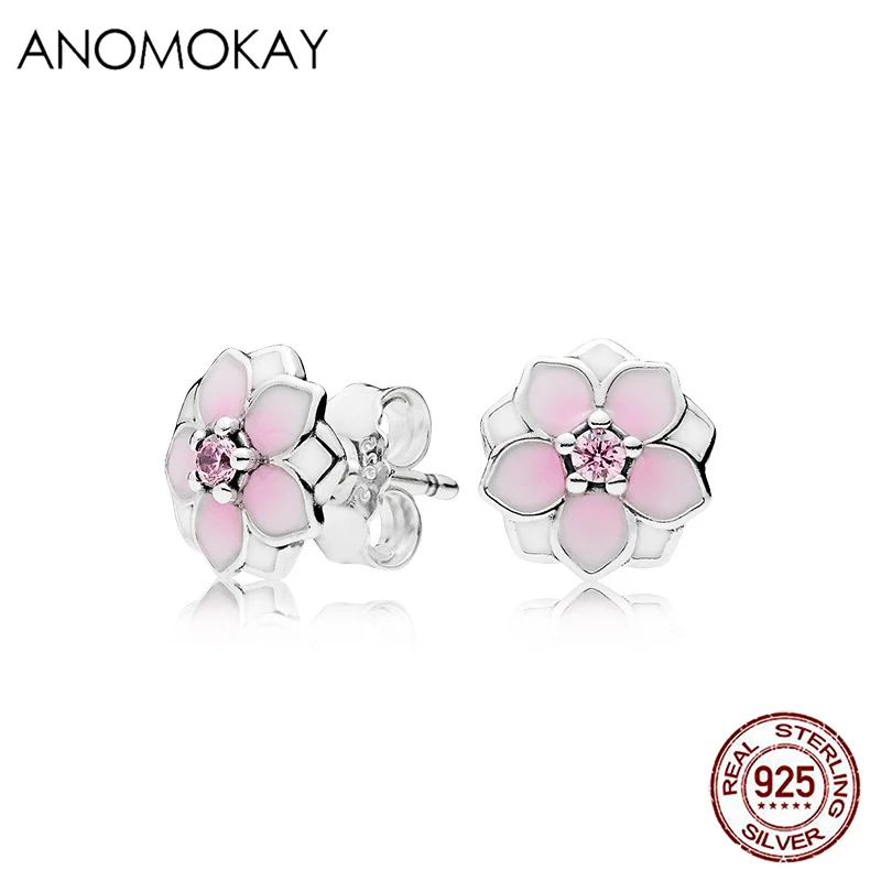 Anomokay Authentic 925 Sterling Silver Pink Cherry Blossoms Flower Stud Earrings for Women Girl 925 Silver Plant Earring Gift