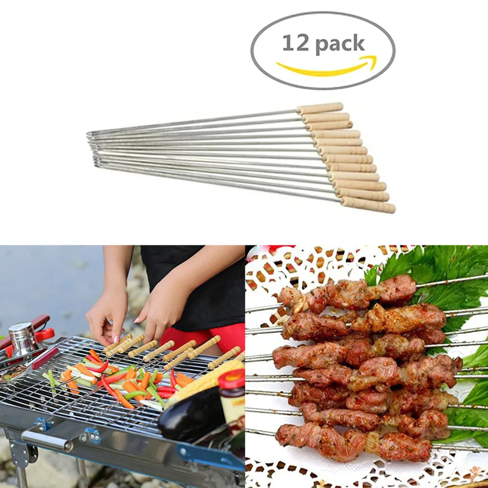 12 Pieces Skewer Barbecue Tool Mutton Shashlik Sign Wooden Handle Barbecue Drill Round Stainless Steel BBQ Fork Barbeque Tools