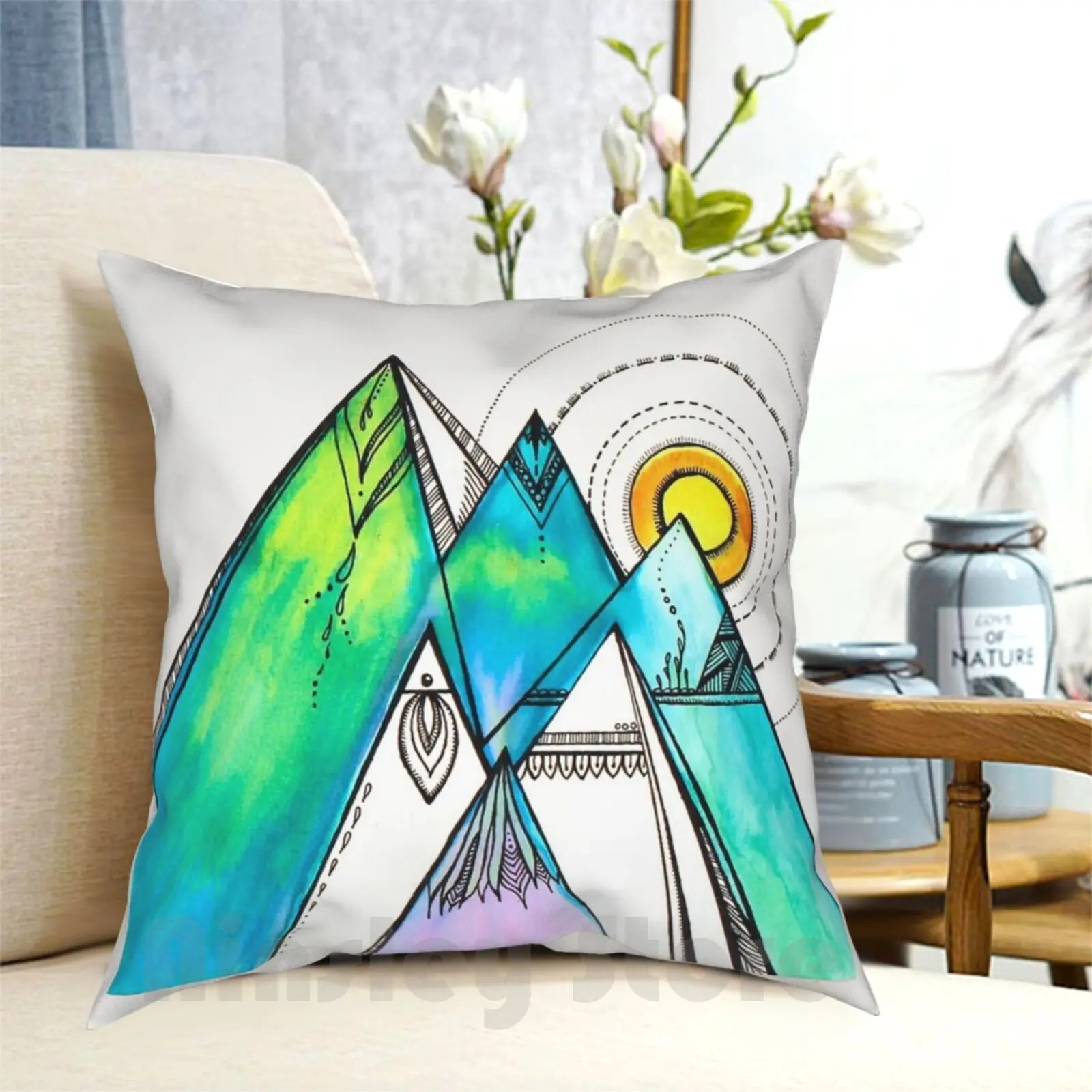 Sun Dog Pillow Case Printed Home Soft DIY Pillow cover Mandala Mountain Blue Turquoise Visco Vibes Earth Nature Chakra