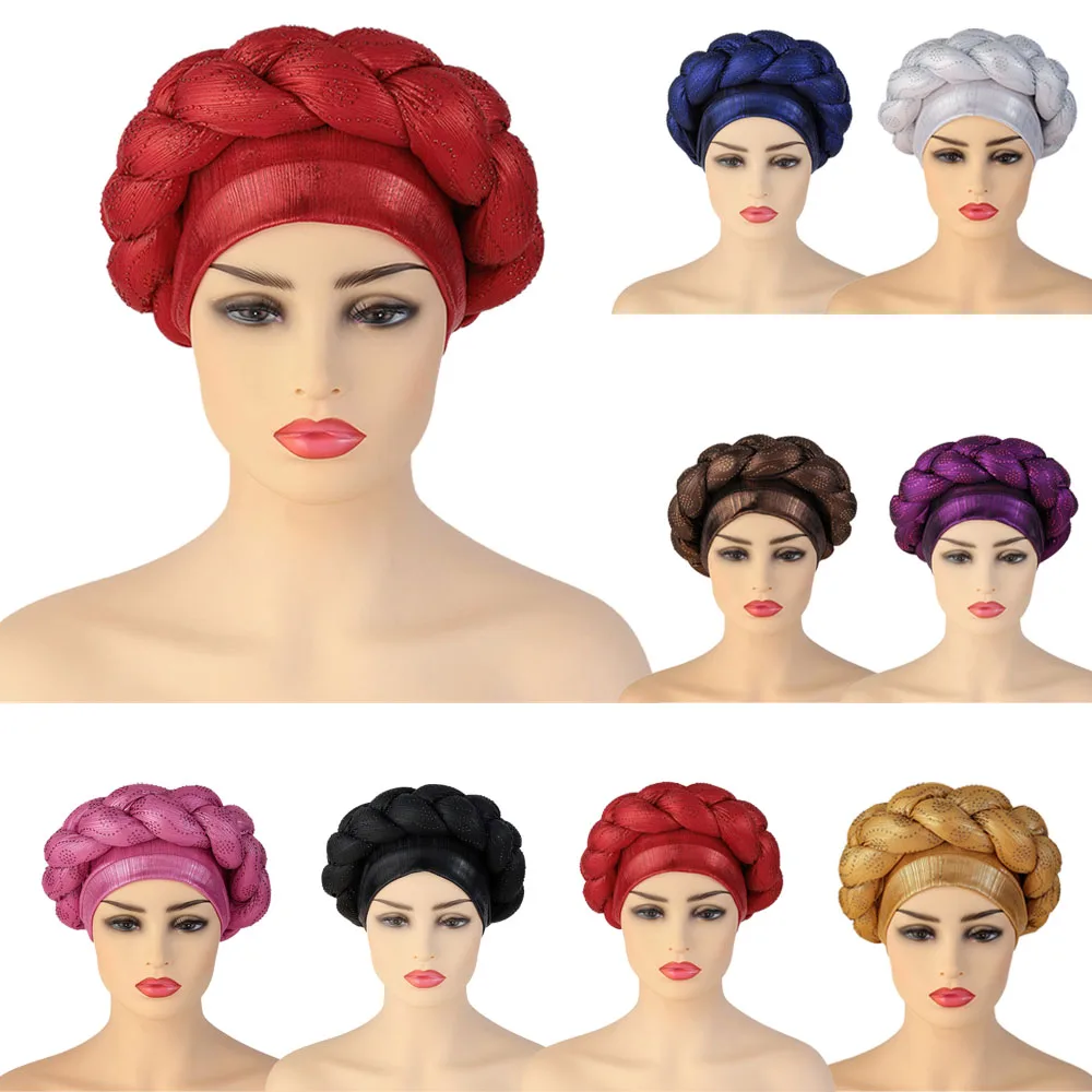 

Latest Shinning Braids Turban Cap for Women Ready Female Head Wraps African Auto Geles Aso Oke Headtie Already Made Headties