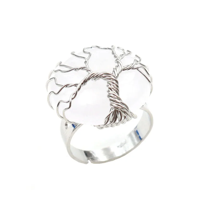 

FYSL Silver Plated Wire Wrap Tree of Life Round Clear Quartz Resizable Finger Ring Green Aventurine Charm Jewelry