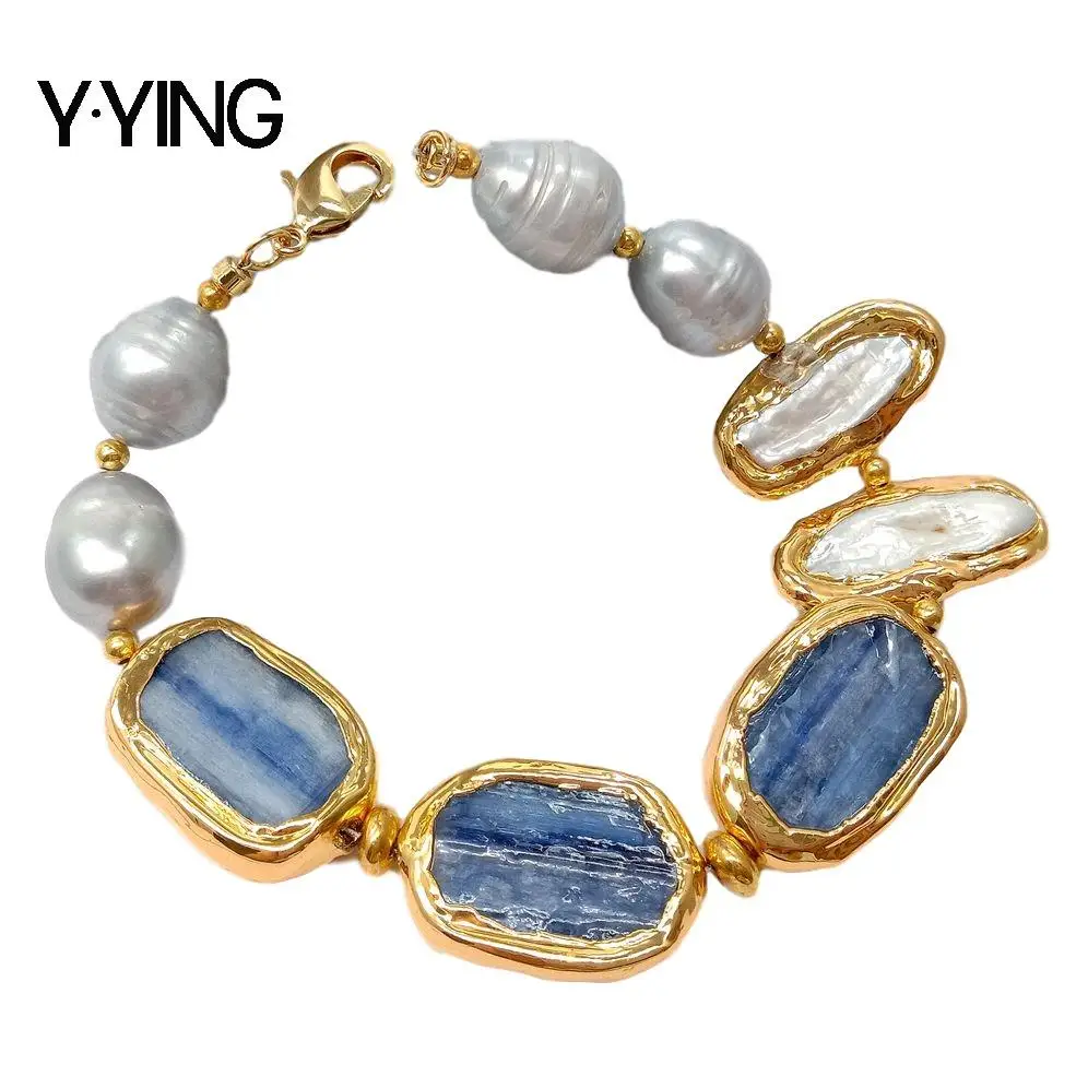 Y·YING Cultured White Biwa Pearl Gray Rice freshwater Pearl Blue Kyanite Bracelet 8