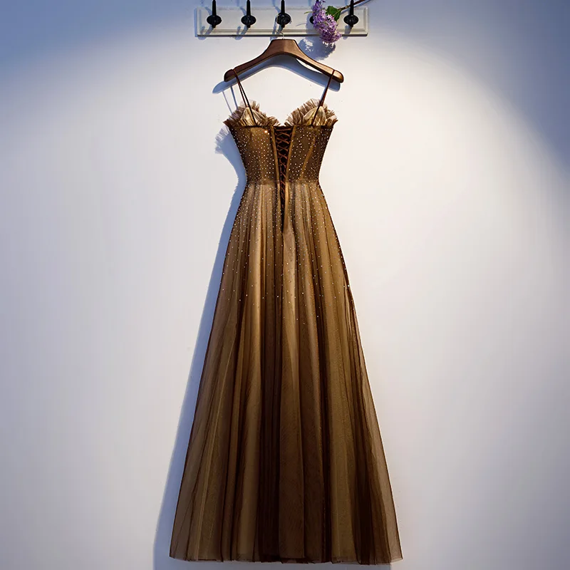 Vestido De Festa Longo ชุดราตรียาว Sweetheart BROWN Tulle ชุด Vestidos Robe De Soiree A-Line PARTY DRESS