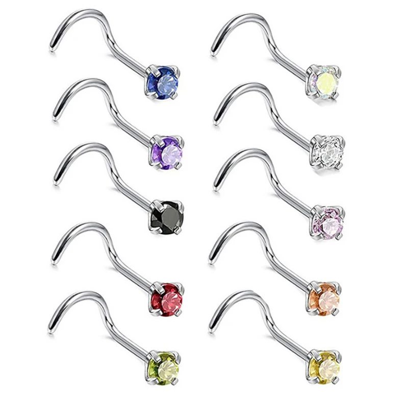 100Pcs CZ Nose Ring Popular Zircon Curved Stud L Anti-Allergy Steel Ornament Cubic Zirconia 3mm Wholesale