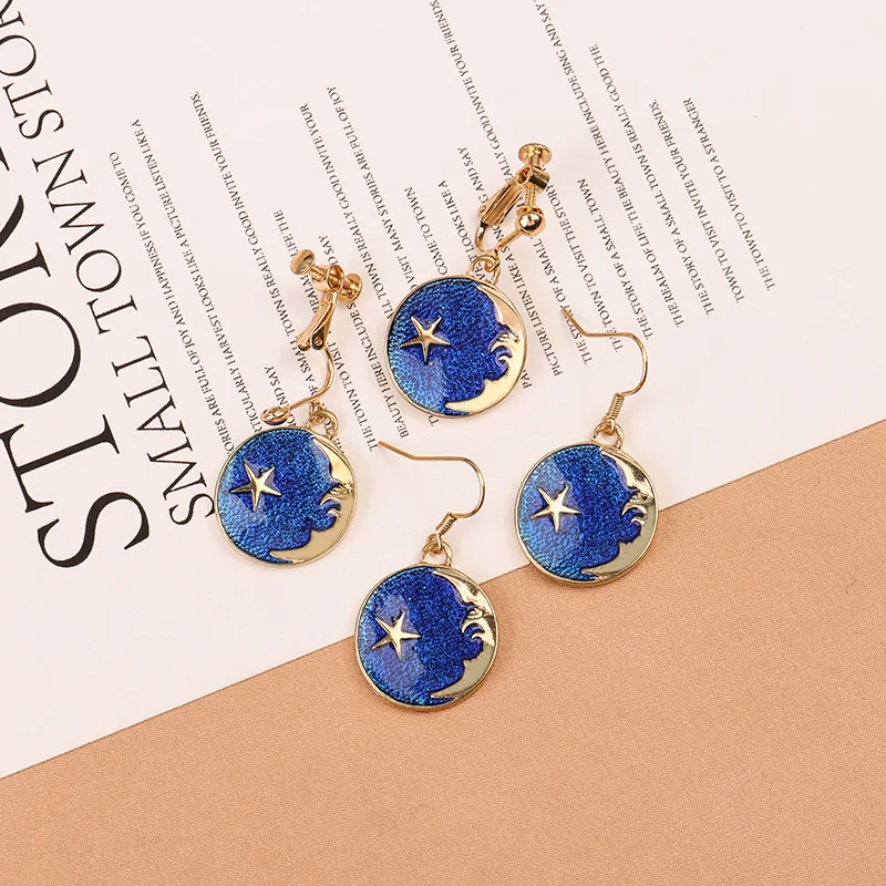 Japanese Simple Fashion Blue Star Moon Clip on Earrings Girl Heart Dream Round Universe Planet Clip Earring No Piercing Female