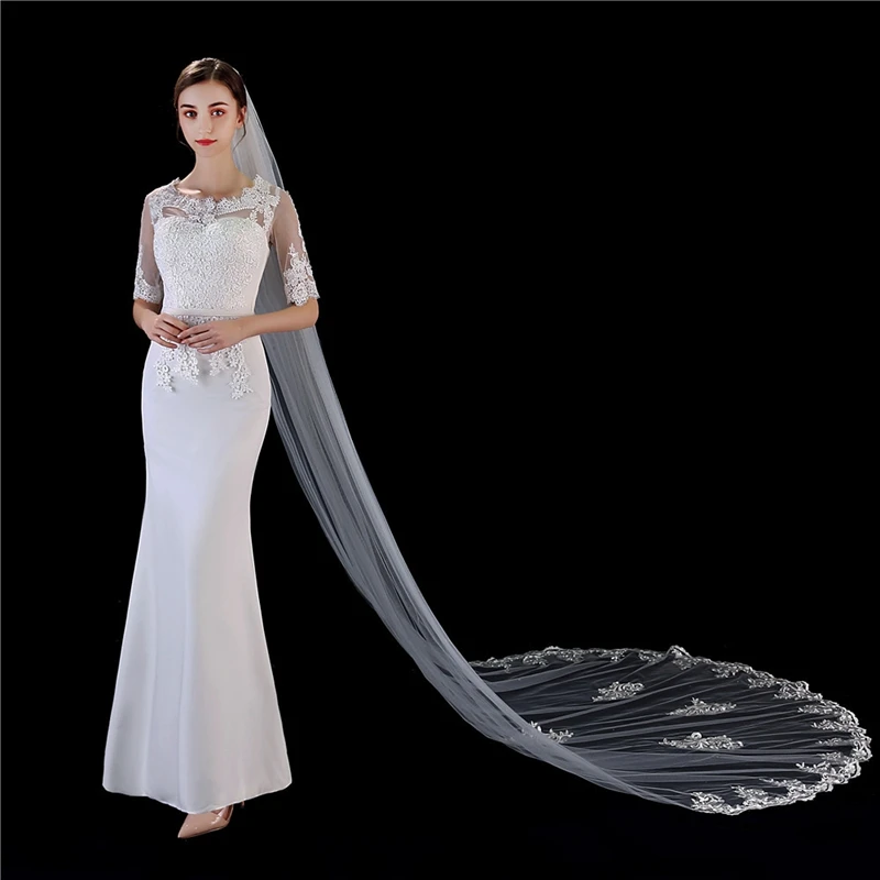 New Arrival Welon ivory Cathedral Wedding Veils Long Lace Applique Bridal Veil with Comb Weeding accessoire Voile mariee Sposa