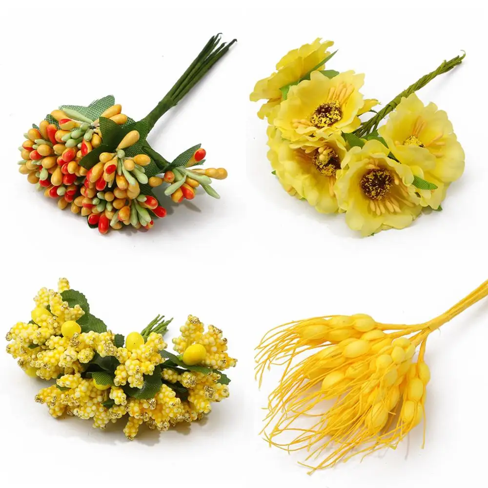 Yellow Artificial Flowers Fruit Cherry Stamen Berries Bundle DIY Cake Christmas Wedding Party Gift Box Wreaths Home Decoration