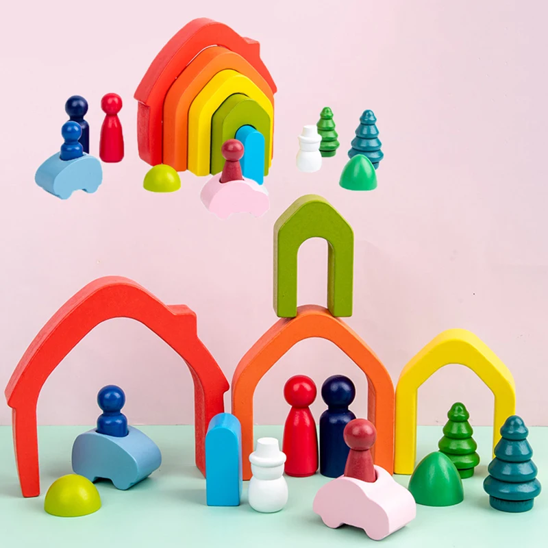 Wooden Rainbow Arched Building Blocks Montessori Educational Toys Stacking Balance Sorting Game Early Education Children ToysNew