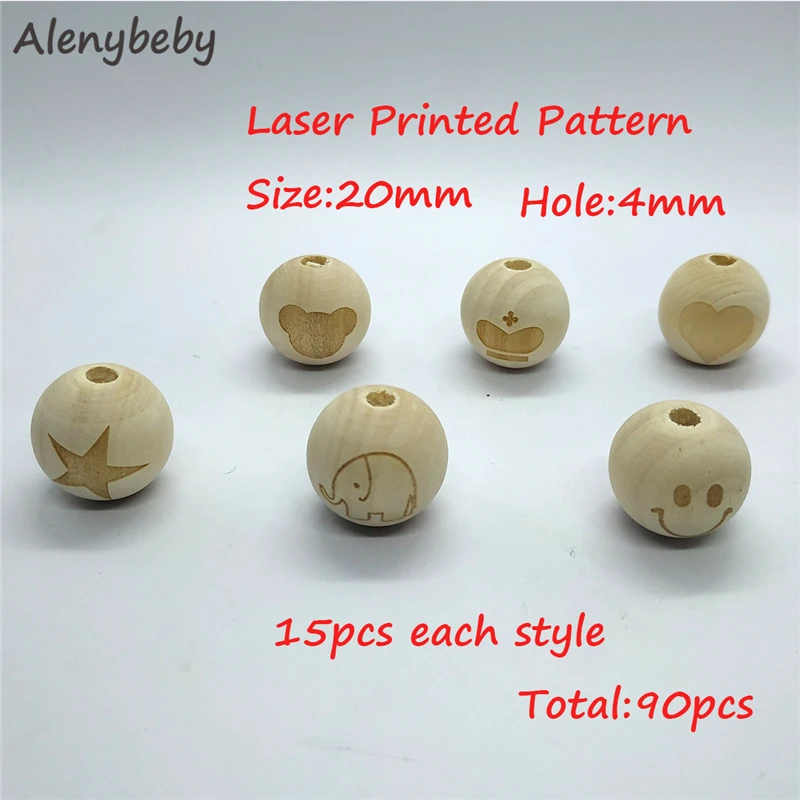 Wooden Round Beads Teether Set Chewable Organic Wood Laser printing Animal Beads Teething Necklace For DIY Craft Jewelry Making