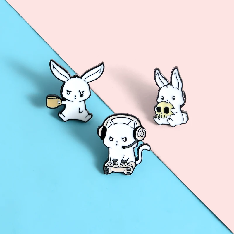 

Rabbit Cat Animal Enamel Pins Drink Eating skull Play games Cartoon Brooches Badges Cute Pins Gifts for Women Wholesale Jewelry