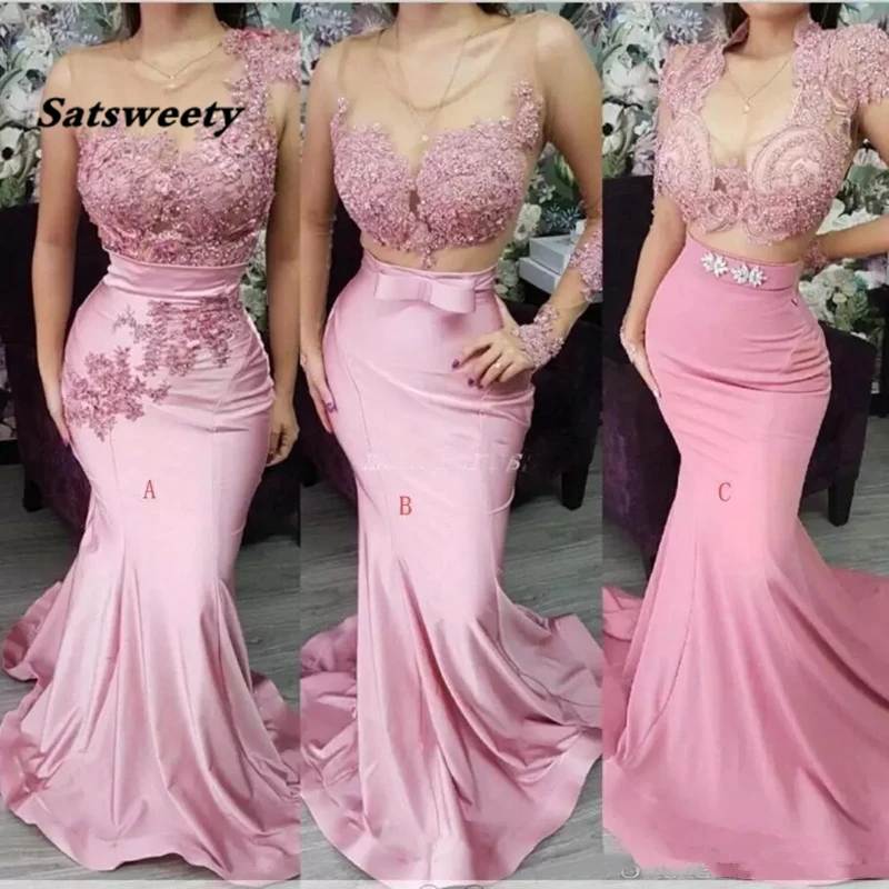 

Blush Pink Lace Satin Long Mermaid Prom Dresses Long Sleeve Junior Party Gowns Maid of Honor Dresses With Bow Evening Dress