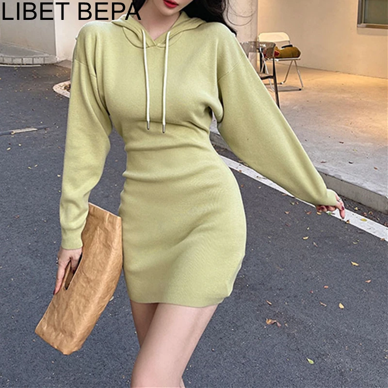 New 2022 Women Package Hip High Waist Sweater Dresses Spring Autumn Hooded Fashionable Chic Elegant Lady Mini Dresses DR9410