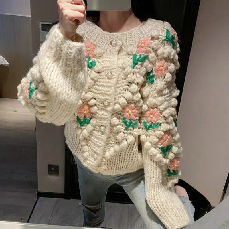 JSXDHK Luxury Quality Women Ball Handmade Knitting Cardigan Coat Fall Winter Pearl Button 3D Floral Thick Warm Sweater Outerwear