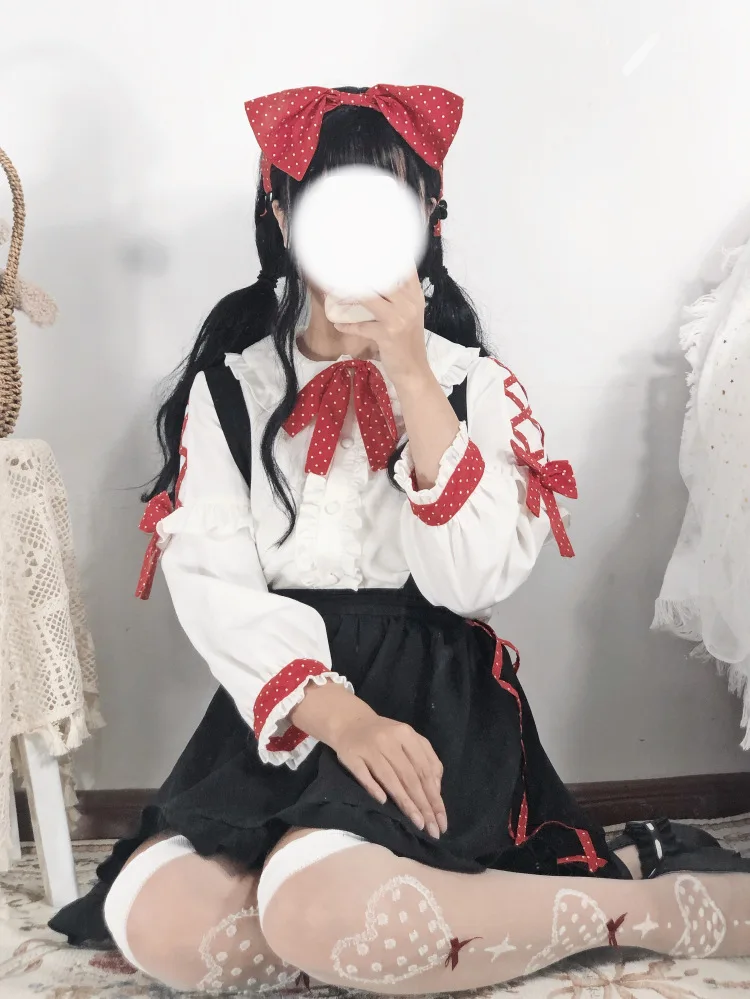 Nhật Bản Học Sinh Sweet Lolita Bộ Cổ Peter Pan Nơ Lolita Áo Sơ Mi + Falbala Dây Váy Đáng Cô Gái Gothic Lolita Bộ loli