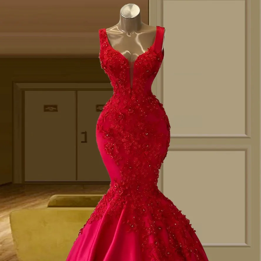 Red Flower Beaded Prom Dress Middle East 2023 Mermaid Long Party Gowns Robe De Soiree Evening Wear Arabic Dubai Luxury