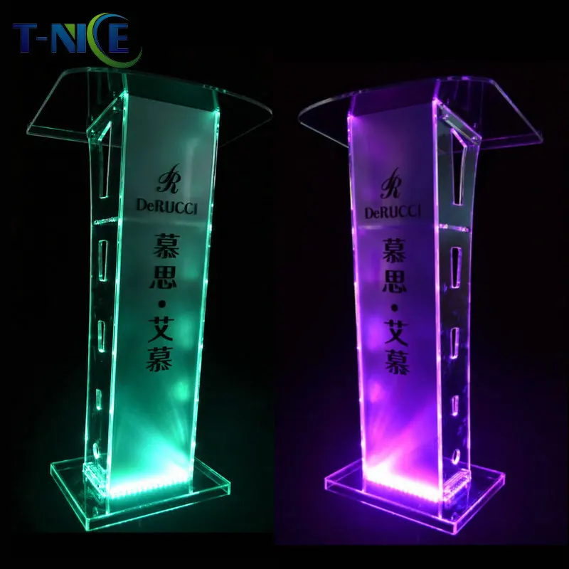 2024 Church Pulpit Led Lights Commercial Furniture Podium With Built-in Shelf Clear Stand Lectern Glass Rostrum Custom Logo