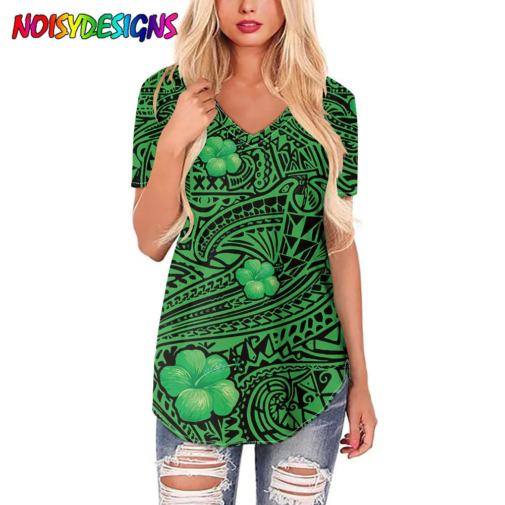 NOISYDESIGNS New T-shirts Women 2021 Polynesian Hawaii Hibiscus Print Tshirts Women V Neck Short Sleeve Lady Girl Funny Hipster