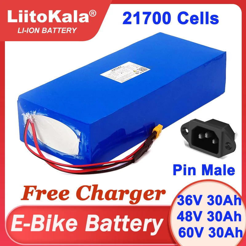 LiitoKala 36V 48V 60V 30AH baterai 21700 baterai Lithium Pack 1000w pengisi daya Gratis 42V 54.6V 67.2V
