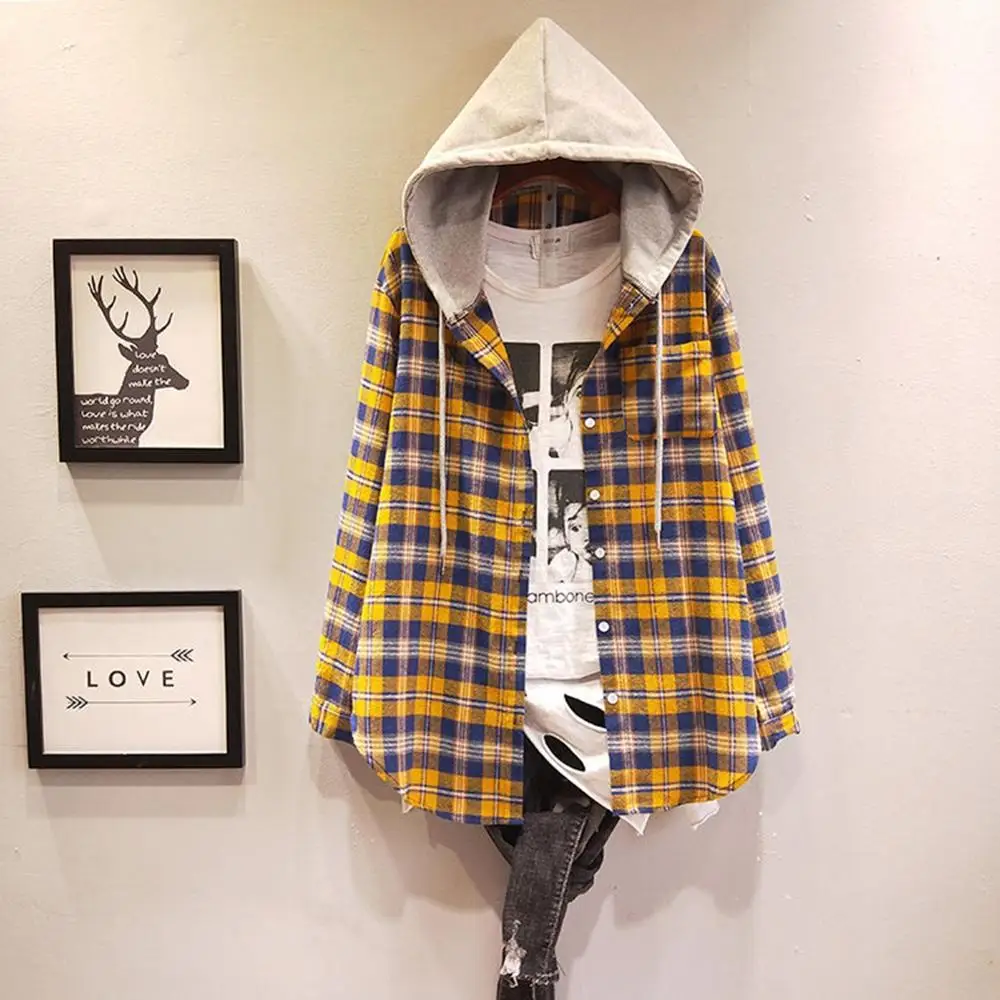 2020 Herfst Vrouw Plaid Jassen Shirts Vintage Losse Hooded Jassen Voor Vrouwen Winter Oversized Fluwelen Jasje Femme Bovenkleding