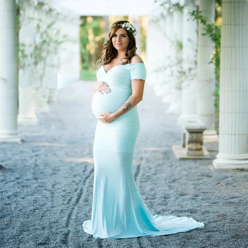 Elegence Shoulderless Maternity Shoot Dress Cute Pregnancy Photography Dress For Baby Shower Pregnant Women Maxi Gown Photo Prop