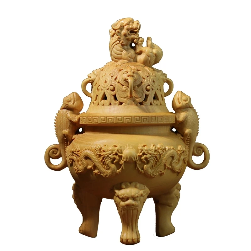 

12cm Lizard Mascot Incense Burner Chinese Style Boxwood Solid Wood Decoration Wooden Furnace