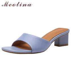 Meotina Genuine Leather Women Shoes SheepSkin Square Toe Thick Heels Ladies Slides Summer Slippers Ladies Footwear Orange 40