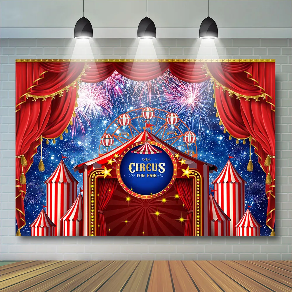 Mocsicka-telón de fondo de circo para niños, cartel de cumpleaños, accesorios para pastel, fuegos artificiales, noria, cielo nocturno brillante, primer cartel para estudio fotográfico