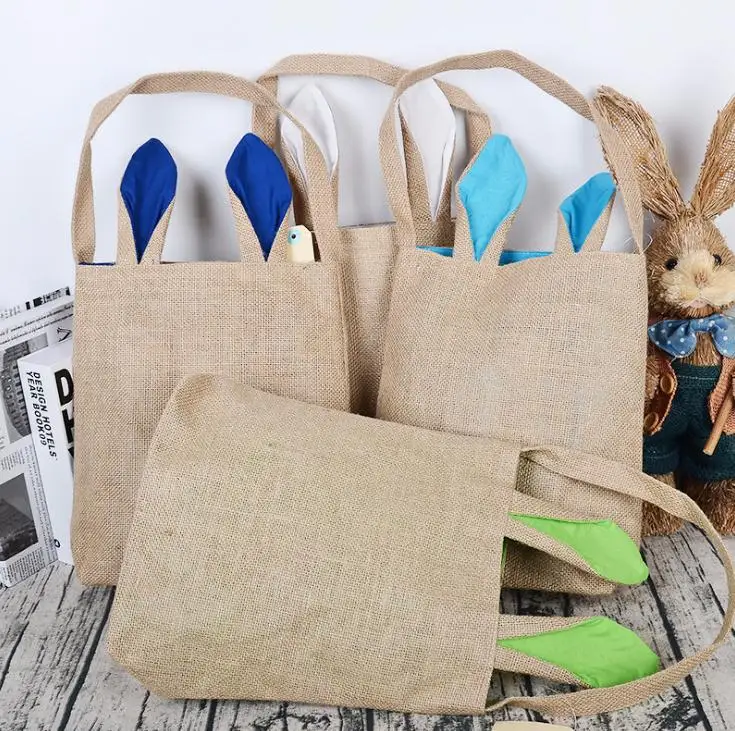 Cotton Linen Easter Egg Bag Rabbit Bunny Ear Shopping Tote Kids Children Jute Cloth Gift Bag Handbag Festive Supplies Wholesale