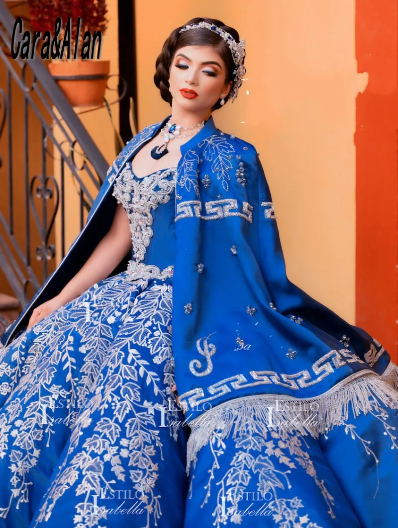 Vestidos De quinceañera azules con capa bordada, Vestido De Charro De corazón, cuentas De cristal, dulces 16 vestidos De graduación, 15 Años