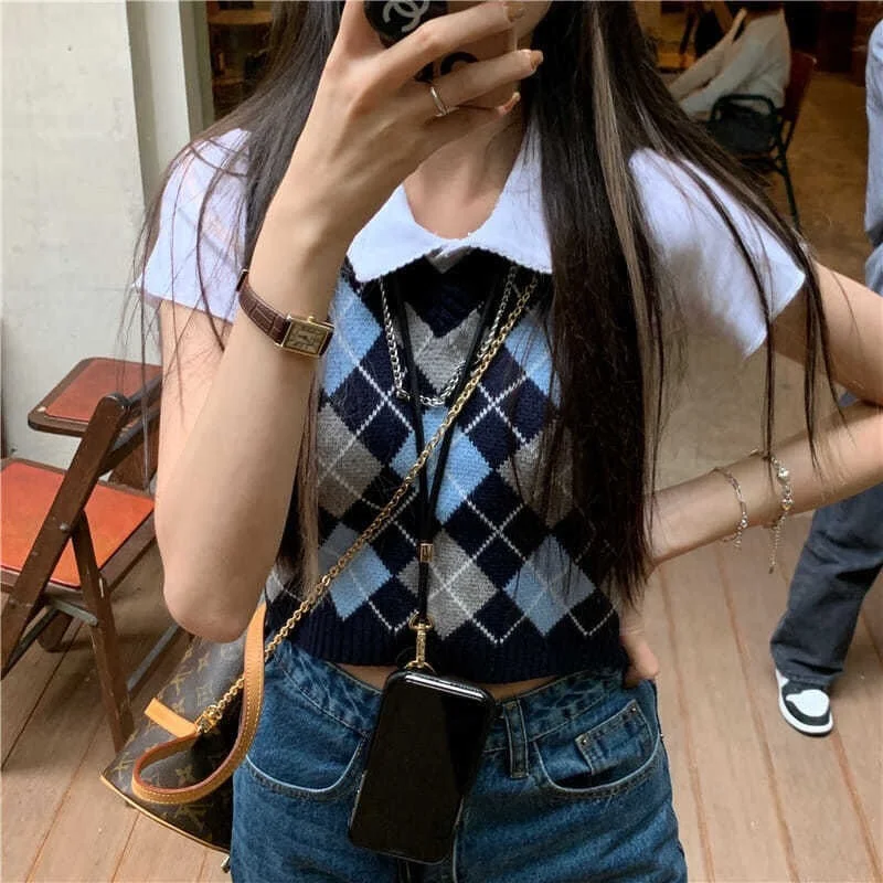 Sweater Vests Women Argyle Crops Knitted Feminine Simple V-neck Streetwear Spring Student Preppy Style Chic Leisure Retro Soft