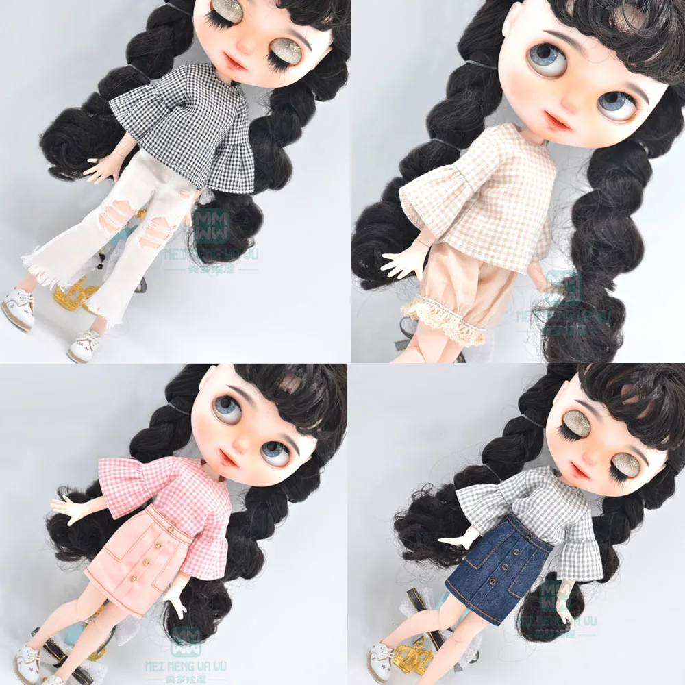 1pcs Blyth Doll Clothes fashion plaid shirt, overalls Ripped jeans for Blyth Azone OB23 OB24 1/6 doll accessories