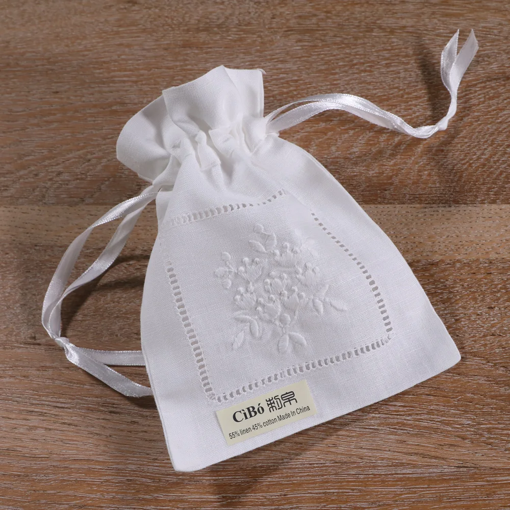B023：12 pieces White Linen Cotton  embroidery  Gift Sachet bags Travel storage pouch Drawstring bags