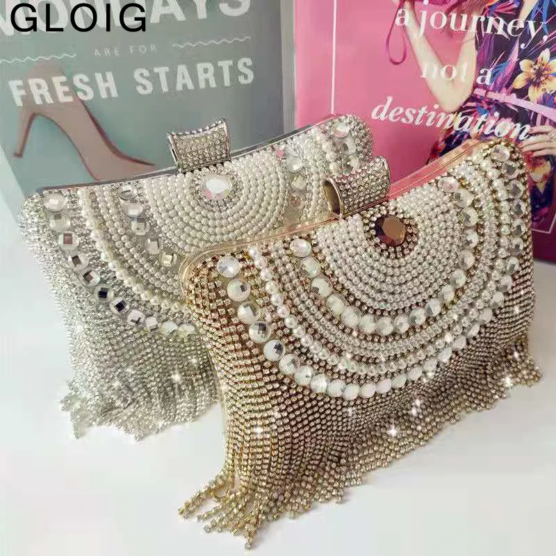 Tassel Women Clutch Bags Beaded Wedding Party Evening Bags Diamonds Pearl Luxury Handbags With Chain Shoulder Purse