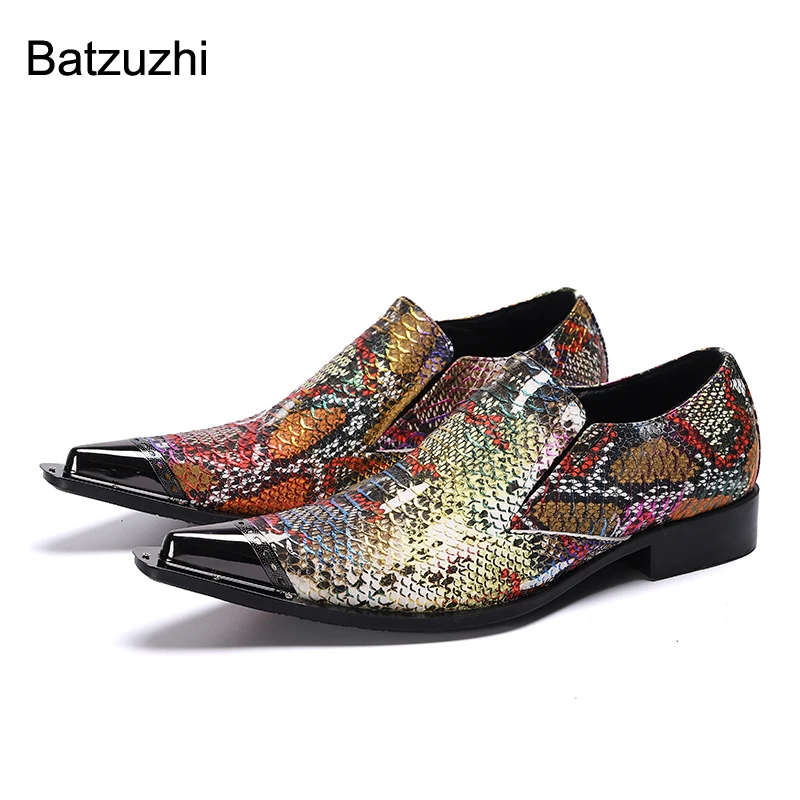 

Batzuzhi Luxury Handmade Men's Shoes Pointed Metal Toe Leather Dress Shoes Men Snake Pattern Business Leather Business, Party