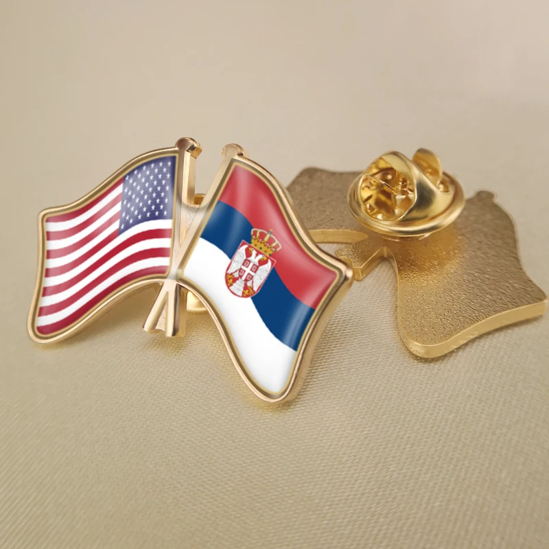 

United States and Serbia Crossed Double Friendship Flags Lapel Pins Brooch Badges