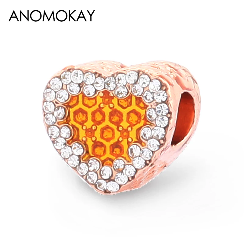 Anomokay Classic Fashion Gold Color Honey Heart Charm for Women Lover Girl DIY Jewelry Full Crystal Fine Love Beads fit Bracelet