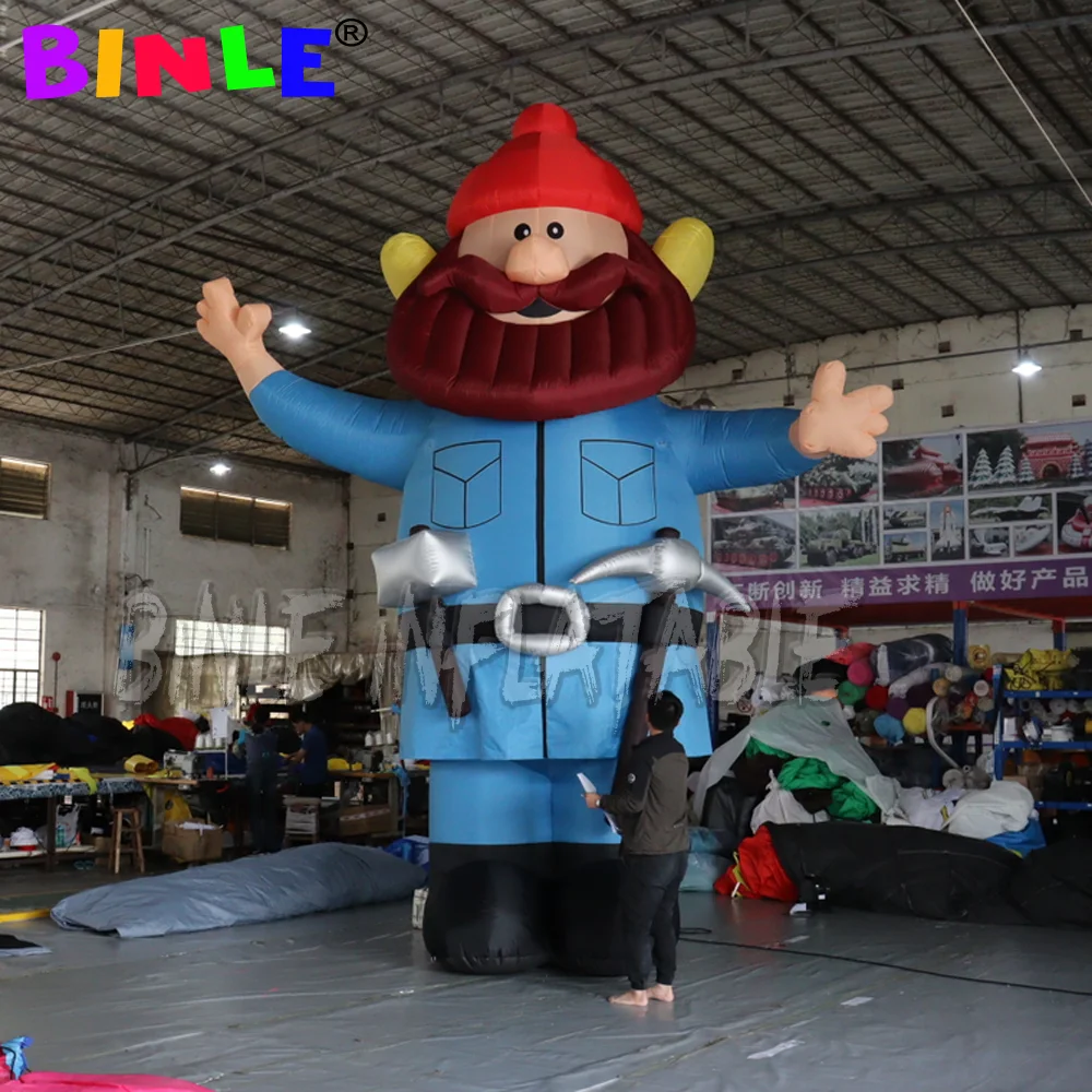 Customized huge blue inflatable Mountain Man cartoon model character with pick and canteen for advertising