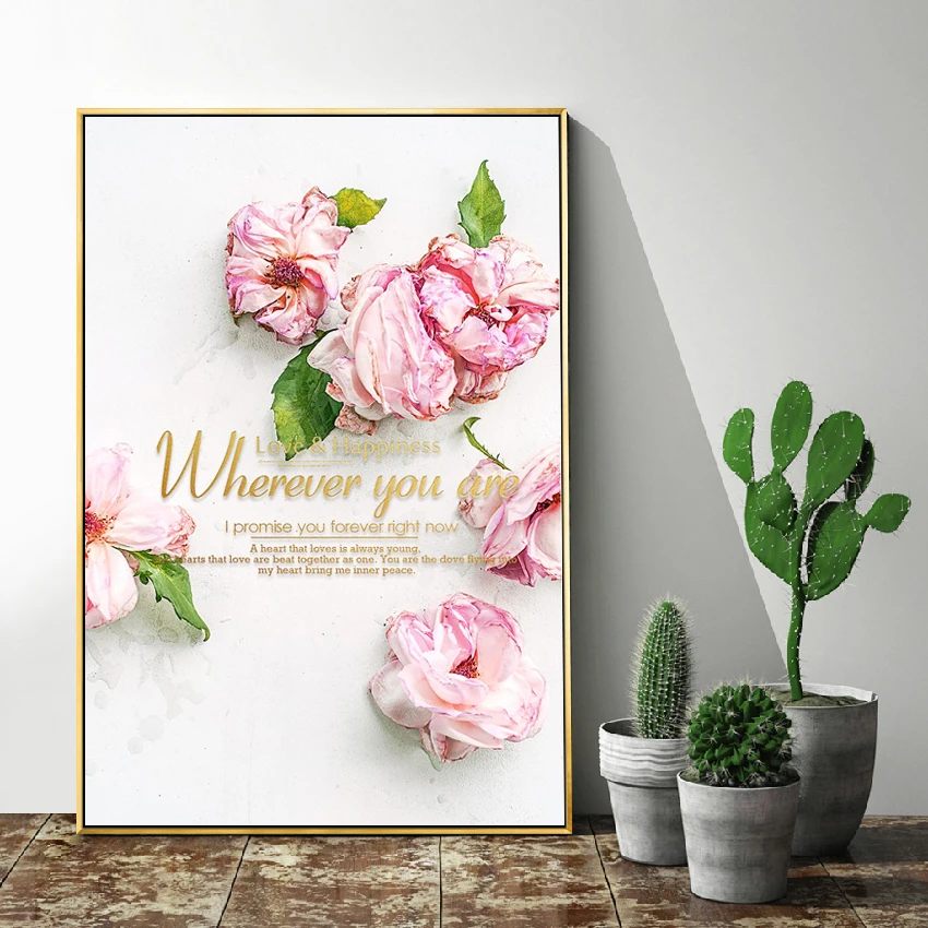 Customized Pink Flower Wall Painting Decoration Home Pink Rose Color Contrast Art Photography Frameless Canvas Home Painting