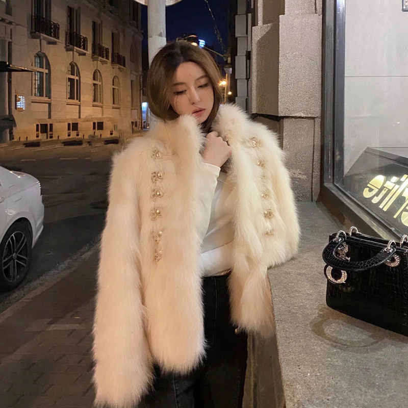 Winter Fur Coat Women Imitation Wool Warm Light Luxurious Korean Street Celebrities Fashion Faux Fur Jacket Button Decorate Tops