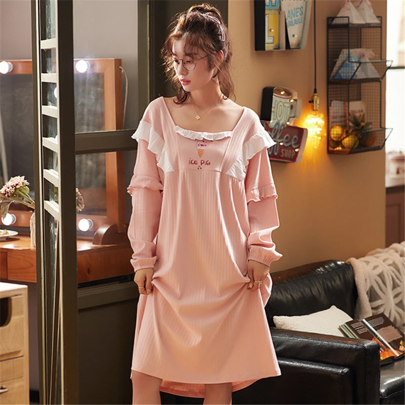 

Cotton Nightdress Female Spring And Autumn Long-sleeved New Fresh Loose Home Service Cute Sleepdress Lace Edge High Quality