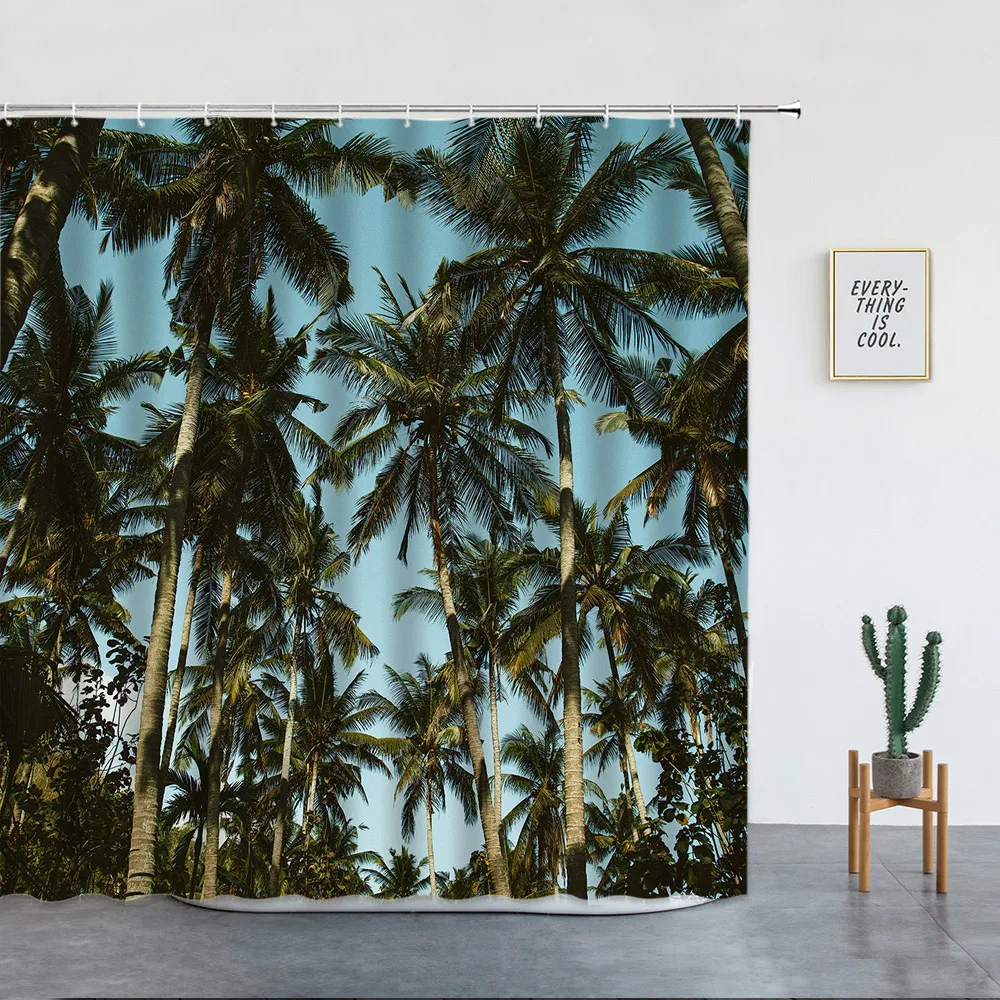 Tropical Jungle Plants Shower Curtains Palm Trees Misty Natural Landscape Modern Decor Polyester Fabric Bath Curtain Sets Green