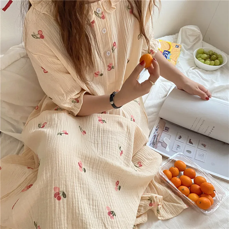 Summer Cute Cotton Nightgown Peter Pan Collar Short Sleeve Midi  Dress Homewear Soft Comfortable Ruffles Sleepwear Nightdress