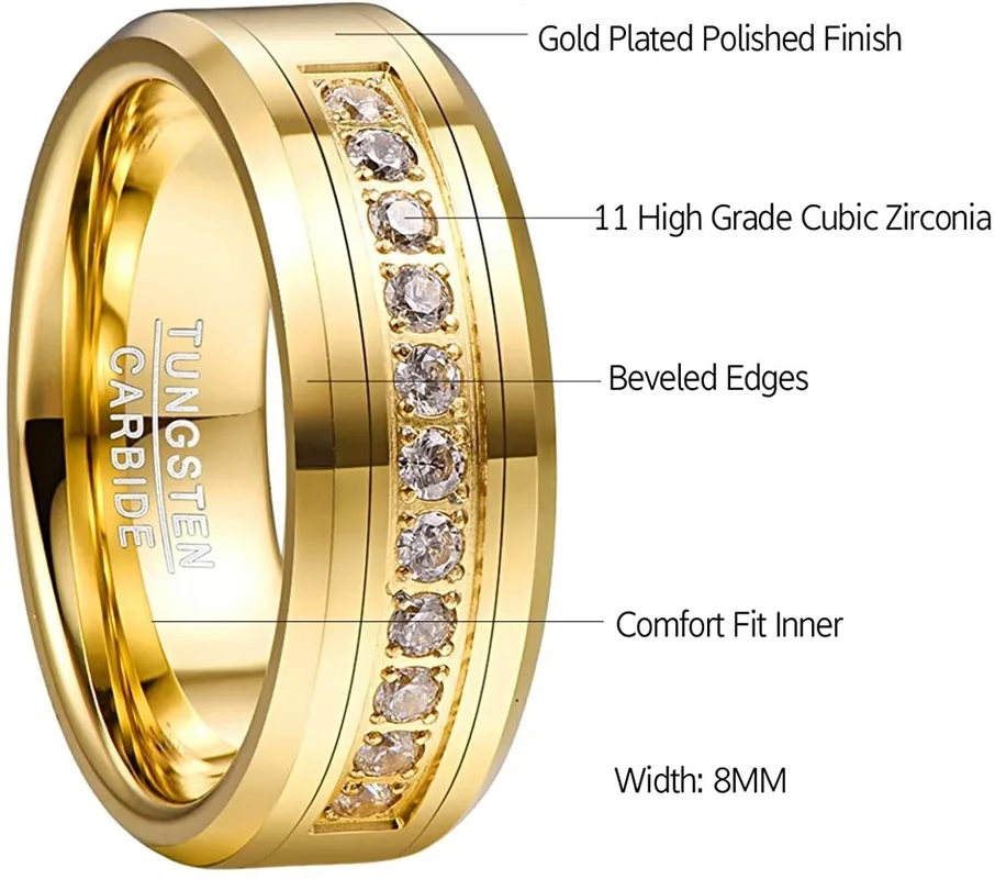 Men\'s 8MM Tungsten Carbide Ring Wedding Band with Round Cubic Zirconia Gold Plated CZ Engagement Ring Size 7-12