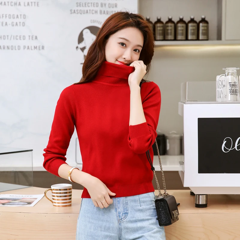 

Women's Fashionable Slim Knitting Sweaters Solid Turtleneck Long Sleeves Straight Waist Women Knitted Pullover Autumn 2021