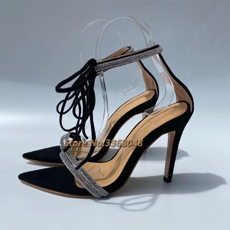 

Lace Up Crystal Sandals Sexy Pointed Toe Thin High Heel Summer Women Shoes Black Suede Ankle Strap Bling Bling Sandals