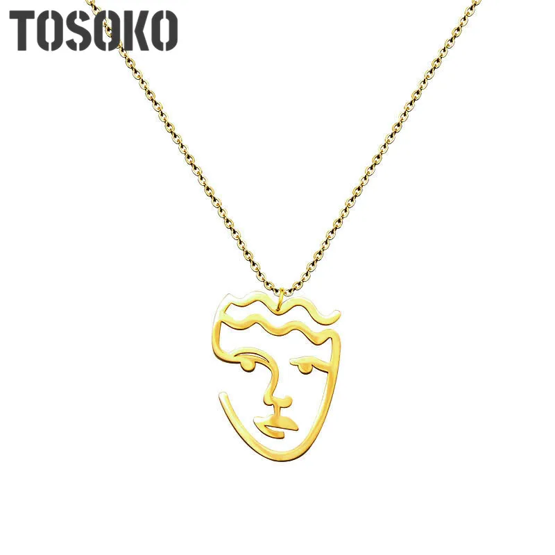 

TOSOKO Stainless Steel Jewelry Abstract Art Face Pendant Necklace Women Fashion Hollow Clavicle Chain BSP470