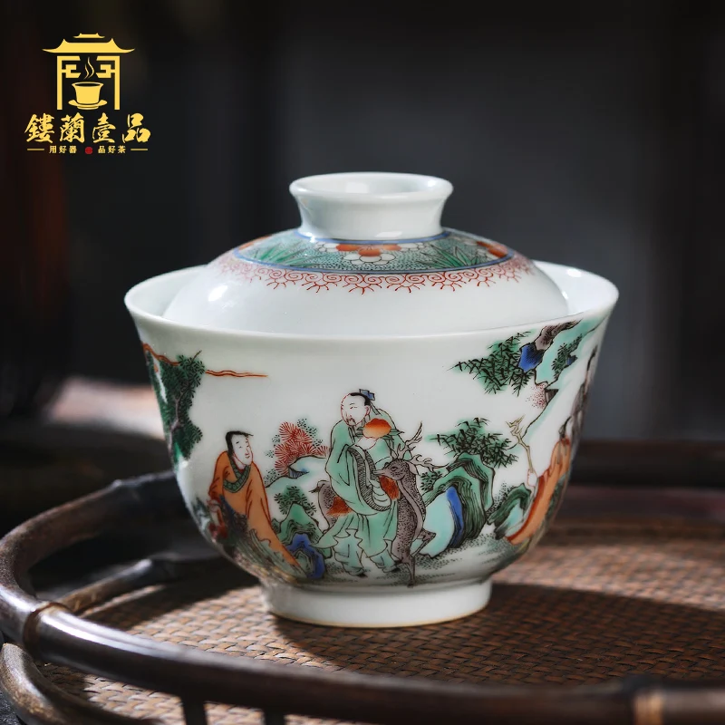 

|full hand painted ancient color Qun Xianhui tea making cup three talents and two talents cup covering kungfu tea set