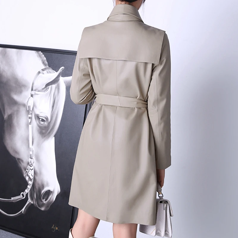 Sand Gray Leather Jacket For Women 2024 Fall Winter New Fashion Pointed Collar Waist Belt  Midi Windbreaker Mujer Outwear Coat